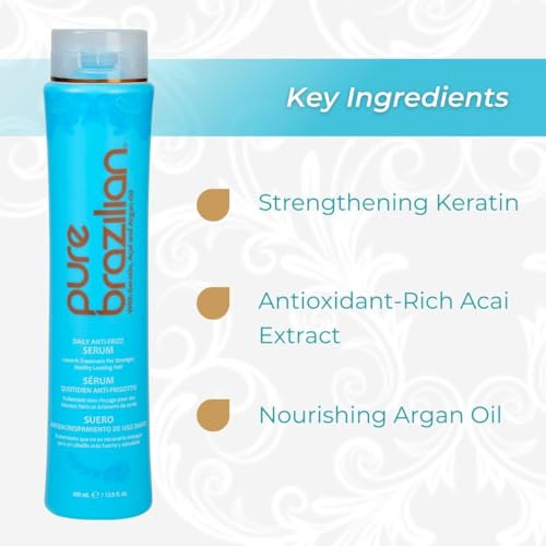 Pure Brazilian Anti-Frizz Daily Leave-In Serum, Strengthening Hair Treatment, Fortifies & Protects Hair From Heat & UVA/UVB, Pack of 2, 13.5 Ounce (400 Milliliter)