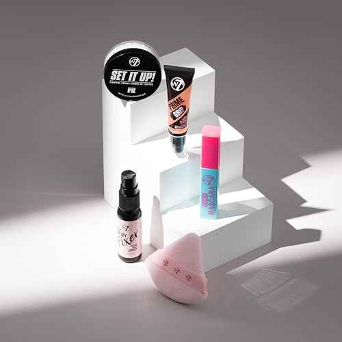 W7 On the Go Cuties Gift Set - Mini Makeup Essentials with Primer, Mascara, Setting Spray, Loose Powder & Powder Puff - Travel Size Beauty Favourites - Stocking Stuffer