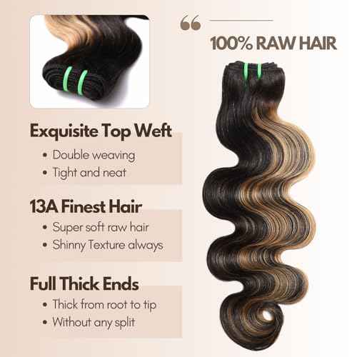 13A Double Drawn FB/27 Human Hair Bundles Body Wave Blonde Highlight Color, Honey Blonde with Black Single Bundle Human Hair 100% Unprocessed Hair Colored Single Bundle Wavy Sew In 10 Inch