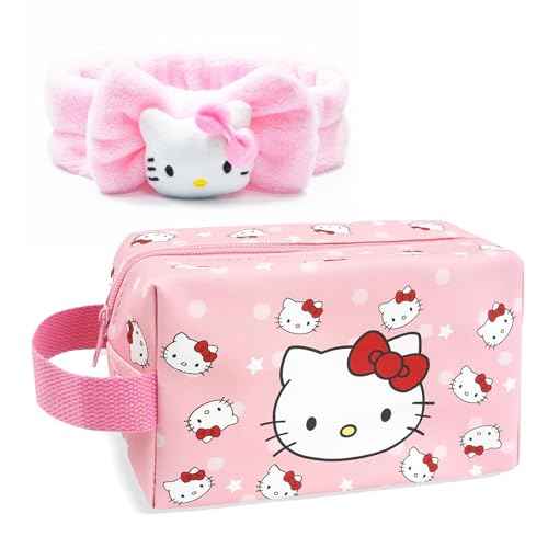 Toiletry Bag & Spa Headband, Cute PU Leather Ttravel Makeup Bag, Soft Makeup Headband for Washing Face, Gifts for Women Girls