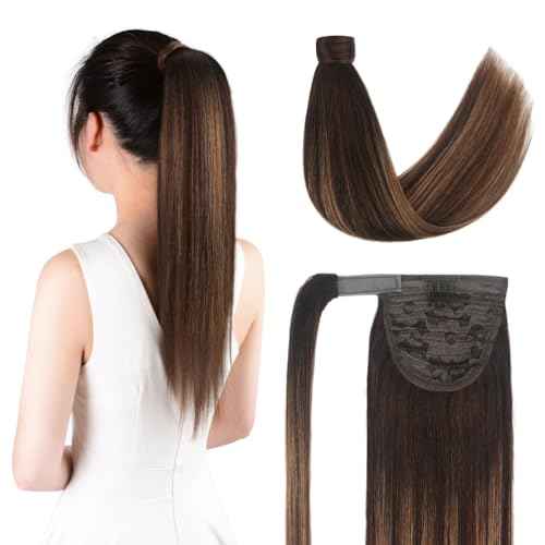 20 Inch Human Hair Ponytail 90g Long Wrap Around Ponytail Balayage Chocolate Brown to Caramel Blonde Real Hair Ponytail Extension for Women(20inch,Balayage Chocolate Brown to Caramel Blonde)