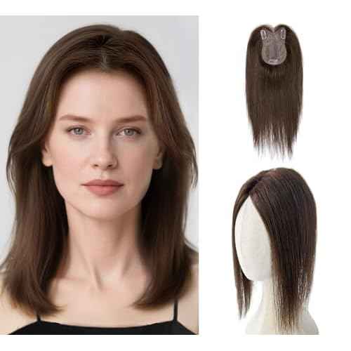 8x11cm Breathable Hair Topper, 12 inches 35g 120% Density Real Human Hair, 3 Non-Slip BB Clips, Wearable on Left, Right & Middle Part, Versatile Styling for Hair Loss & Volume Boost (Brown)