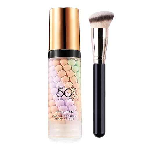 Firstfly Color Correcting Makeup Primer with SPF 50, Sunscreen 3 In 1 Moisturizer Isolation Cream, One Step Skin Tone Corrector for Dark Circles & Fine Lines, Makeup Brush Include