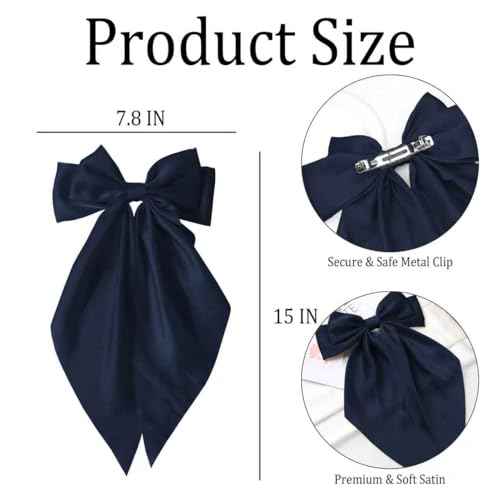 Hair Bows for Women Girls - Silky Satin Bow Hair Clip with Long Tail Ribbons - Elegant Hair Accessories (Navy Blue,1Pcs)