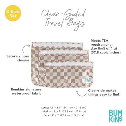 Bumkins Travel Bag, Toiletry, TSA Approved Pouch, Zip Bag, Quart Size Airline Compliant, Clear-Sided, Baby, Diaper Bag Organization, Makeup, Accessories, Packing, Set of 3 Sizes, Beige Check