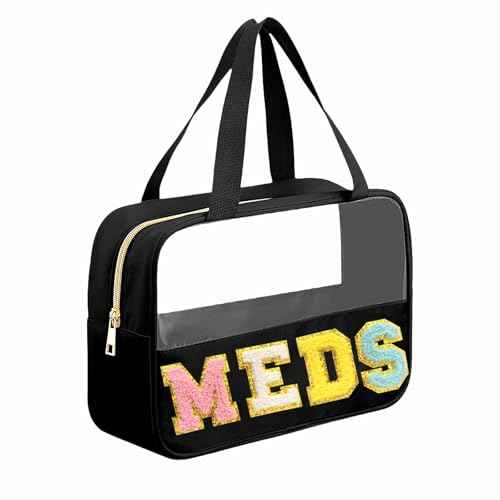 Chenille Letter MEDS Bag Clear Medical Medicine bag for Traveling Preppy Emergency Patch Bag with Handle and Zipper Waterproof Nylon Portable Makeup Bag for Women