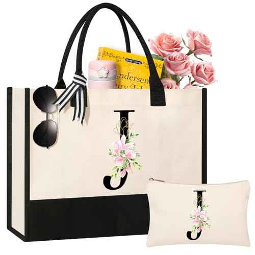 AYGE Personalized Initial Canvas Beach Tote, Monogrammed Gifts for Women, Makeup Bag, Birthday Gifts for Sister, Mom, Teacher, Bridesmaid