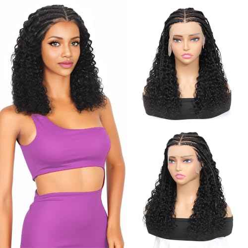 13X6 Braided Lace Front Wigs Human Hair Ready to Go Curly Wave Wigs for Black Women Pre Plucked Natural Hairline Deep Curly HD 180% Density Bob Wig Knotless Box Braids Wigs(braided wig, 16inch)
