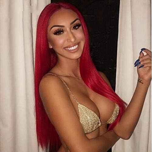 KRN Red Color Brazillian Virgin Human Hair Silky Straight 130% Density Lace Front Wigs Pre-Plucked Hairline Full Lace Wig with Baby Hair for Women (18 Inch, Lace Front Wig)