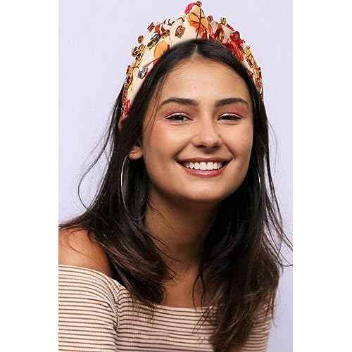 Thanksgiving Pearl Rhinestone Jeweled Knotted Headband - Fall Pumpkin Leaf Print Wide Knot Hairband - Turkey Holiday Hair Accessories Gifts