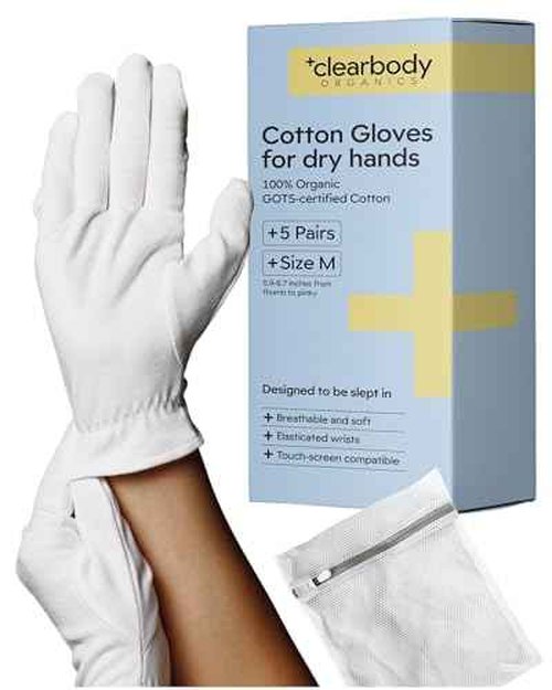 Clearbody Organics 100% Organic Cotton Gloves - 5 Pairs of White Gloves, M - Hand Moisturizer - Sleeping Mitts for Dry Hands - Washable Cotton Liners for Men & Women