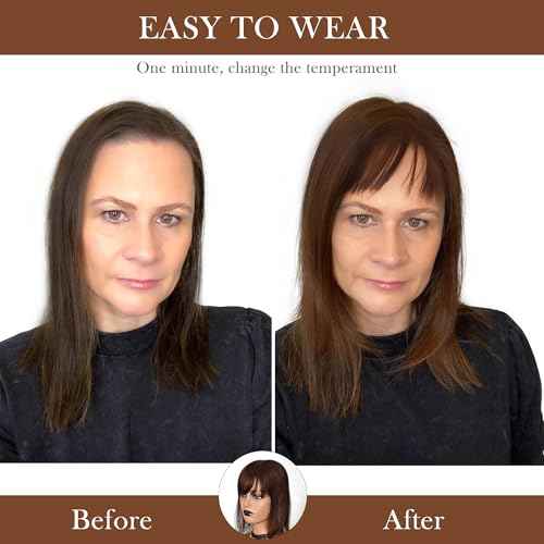 Hair Topper with Bangs Crown Coverage 5 * 5.5'' Cap size, 130% Density Straight Remy Hair Full Hand Tied Hair Piece (Medium brown, Bangs 4#, 8 Inch)