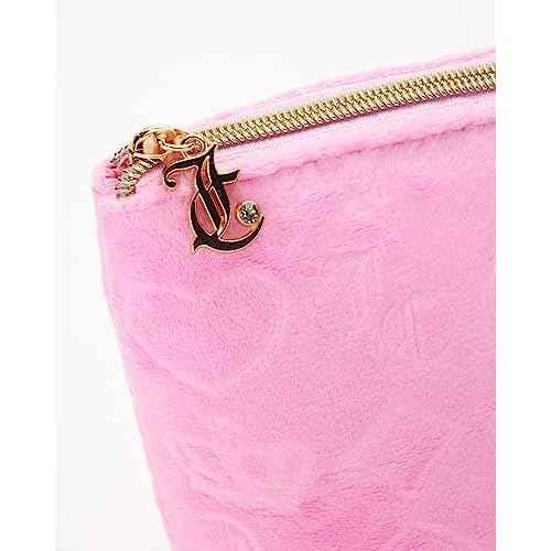 Juicy Couture Pink Makeup Bag Cosmetics Organizer Travel Essentials Zip Top Wedge Velour Heart Crown