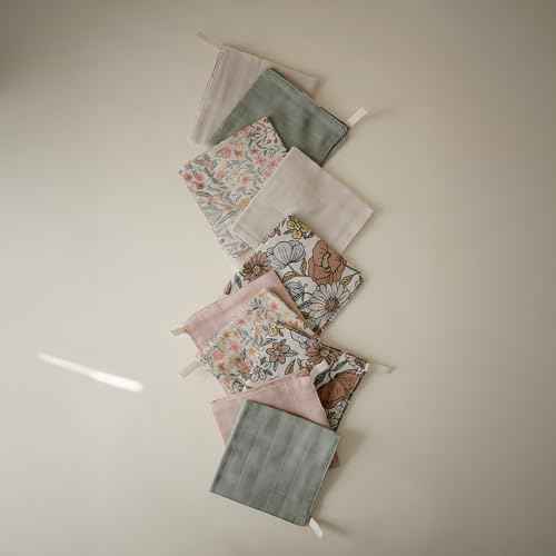 mushie Muslin Organic Cotton Washcloths 5-Pack (Retro Flowers Combo) | Soft Wipes for Baby Cleanups and Bathing