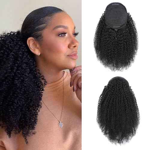 Afro Kinky Curly Ponytail Human Hair 150% Density Brazilian Virgin Hair 4C Afro Puff Drawstring Ponytail Extension for Black Women Natural Color 16 Inch