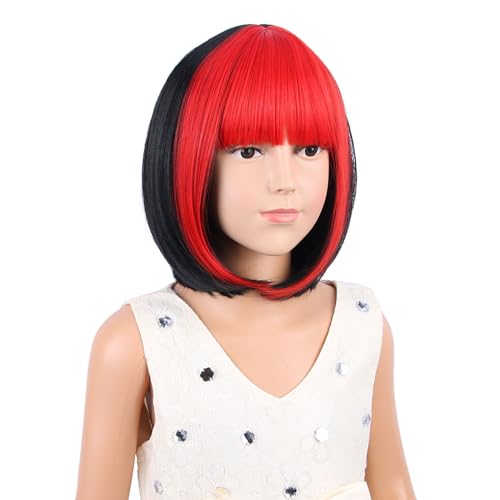 Edivd Girls Black Mixed Red Bob Wig Short Black and Red Bob Wig with Bangs for Kids Heat Resistant Synthetic Wig with Wig Cap