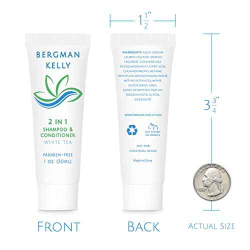 BERGMAN KELLY - Travel Size 2 in 1 Shampoo & Conditioner - 1 fl oz, 200 PK, White Tea - Delight Your Guests w/Revitalizing & Refreshing Shampoo Amenities, Quality Small Size Hotel Toiletries in Bulk
