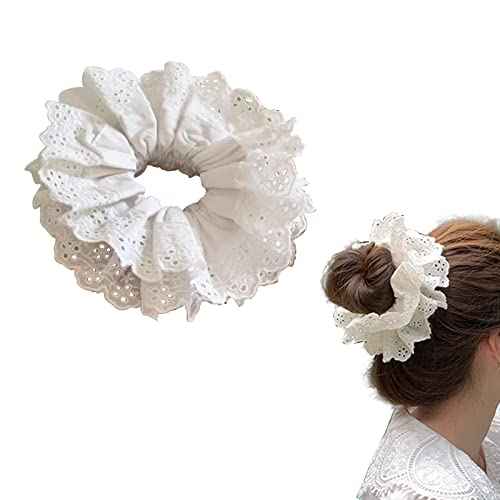 Hair Ties for Women Hair Scrunchies Girls 1 Piece Set White Scrunchie Lace Design Premium Fabric Ponytail Holder (White)