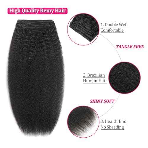 Kinky Straight Clip in Human Hair Extensions for Black Women 8Pcs 120g Seamless Kinky Straight Clip Ins 18Clips Double Weft Human Hair Full Head Hair Extensions (1B 22 Inch)