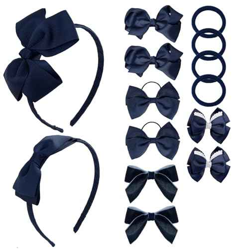 Girl Navy Hair Bow Accessories 14 Pieces Uniform Hair Bows Hair Clips Headband for School Toddler Girls