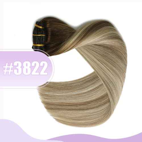 Sindra Human Hair Clip in Extensions Balayage Darker Brown to Ash Brown and Golden Blonde Clip in Extensions Human Hair 20 Inch 120g 6pcs Thick Remy C20#3/8/22