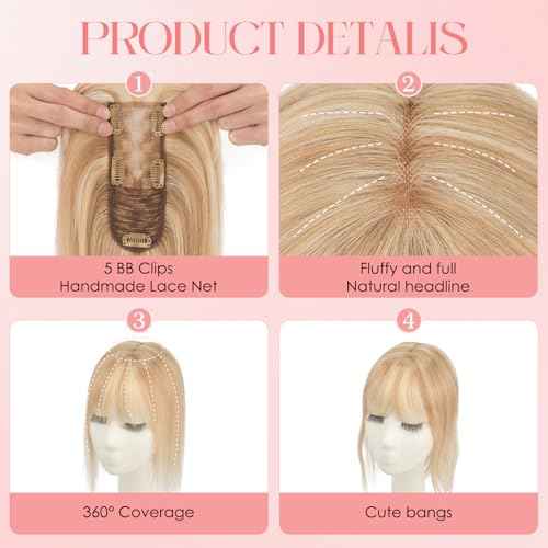 S-noilite Hair Toppers for Women with Bangs Real Human Hair 360¡Æ 3D Cover Clip in Bangs 2X6 Coverage Clip in Hairpiece for Women with Thinning Hairline 10Inch(Gloden Brown/Bleach Blonde)