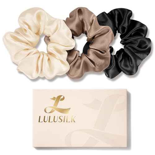 LULUSILK Silk Scrunchies for Hair Sleep, 100% Real Mulberry Silk, No Damage Hair Ties for Women and Girls, Basic Collection, Pack of 3