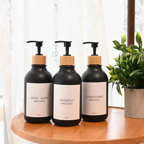 Shampoo and Conditioner Frosted Bottles Bamboo Pump, Refillable Shampoo Empty Bottles for Lotion Oil Shower Soap Dispenser (6p-Black)