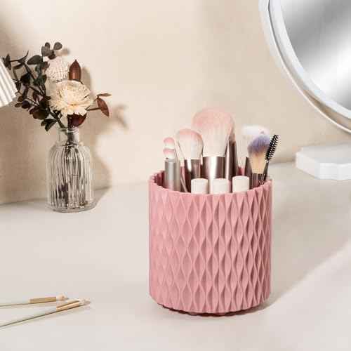 Anyoifax Makeup Brush Holder Organizer 361¡ÆRotating Make Up Brushes Container for Vanity, Spinning Cosmetics Storage Cup, Ripple Pink