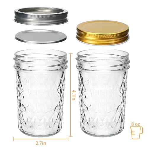 8oz Mason Jars,Canning Jars,Jam Jars for Jelly,Honey,Wedding Favors, Food Storage for Kitchen & DIY Gifts,with Lables,Pen and Sponge Brush,Set of 8