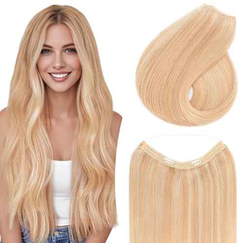 TESS Human Hair Extensions Halo Remy Hair 20 Inch Straight Adjustable Invisible Wire Easy to Use Clip in, Camel mixed Light gold