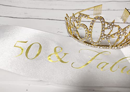 Happy 50th Birthday Tiara and Sash Gifts Crystal Rhinestone Princess Crown Birthday Queen Party Favor Supplies Gold Crowns White Sash