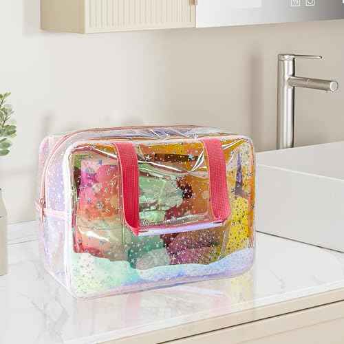 TPU Holographic Clear Star Large Cosmetic Bag and Travel Pouch with Handle,Durable TPU Material,Zipper Design-Ideal for Makeup,Travel Essentials (Holographic pink)