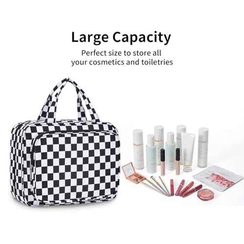 Narwey Hanging Toiletry Bag for Women Travel Makeup Bag Organizer Toiletries Bag for Travel Size Essentials Accessories Cosmetics (Black Checkerboard (Medium))