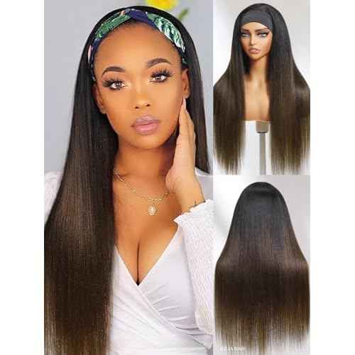 Julia Hair 12A Headband Wig Human Hair Yaki Straight Glueless None Lace Half Wig With Pre-attached Scarf Ombre Chestnut Brown Highlight With Dark Roots for Black Women Put on and Go 22 Inch