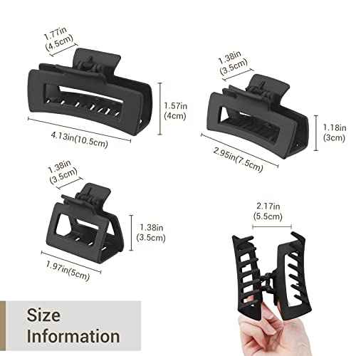 Shinowa 3 Pack Hair Claw Clips, Square Rectangular Claw Hair Clips for Women Girls, Non-slip Matte Large Medium Small Hair Clips, Strong Hold Jaw Clip for Thick Thin Hair, Black