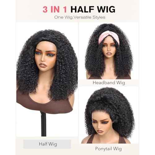 Kinky Curly Half Wig Human Hair 210 Density 3 In 1 Seamless Flip Over Half Wigs Glueless Kinky Curly Wigs Human Hair Beginner Friendly 360 Degree Flexi-fit Drawstring Headband Wig for Women 18 Inch
