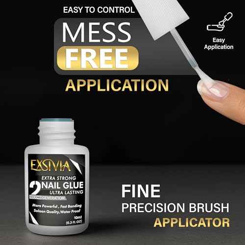 Super Strong Nail Glue for Press On Nails, Acrylic Nails & Nail Tips (10ml) Exsivia 2nd Gen NailBond for Fake Nails, Extra Strength,Long Lasting, Brush on Adhesive, No Dehydrator or Primer Needed