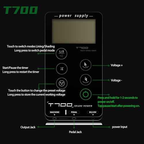 Dragoart T700 Tattoo Power Supply 3-18v Professional Tattoo Power Supply Box for Coil & Rotary Tattoo Machine, 6 Preset Voltages/Liner Shader Switch/2 Foot Pedal Modes/Touch Screen/Adjustable Stand