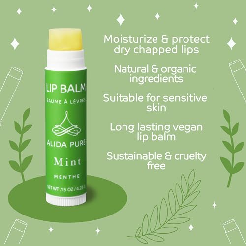 ALIDA PURE Mint Lip Balm Collection, Vegan Lip Balm Set, Beeswax Free, with Avocado Oil, Organic Jojoba Oil, and Vitamin E, Natural Moisturizer for Dry, Chapped Lips, 5 Tube Set