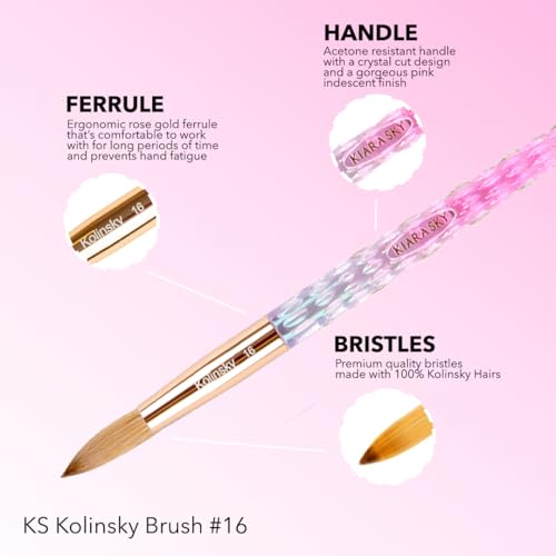 Kiara Sky Acrylic Brush #16 - Pink | 100% Pure Kolinsky | Crystal Cut Handle and Acetone Resistant