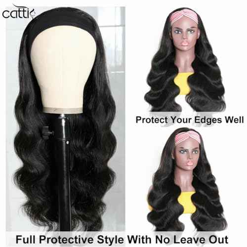 catti Headband Wig Human Hair Body Wave Headband Wigs for Black Women Glueless None Lace Front Wigs Human Hair Brazilian Virgin Hair Machine Made Half Wig 150% Density (26" Headband wigs)