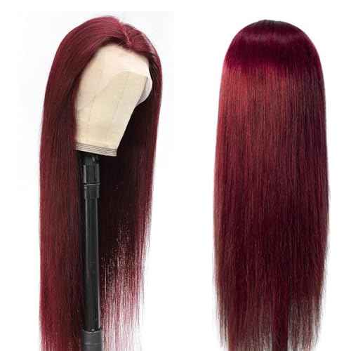LICHANG 99J Straight Lace Front Wigs Human Hair Red Colored Wig Pre Plucked with Baby Hair for Black Women, 13x6 Burgundy Lace Frontal Wig Brazilian Virgin Human Hair Glueless 26 Inch