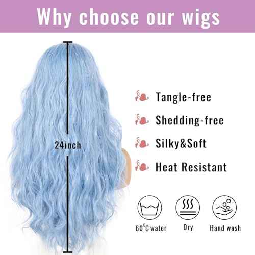 SAPPHIREWIGS Blue Wavy 13¡¿4 Lace Front Wig Long Hair Ice Blue Wigs for Women Heat Resistant Hair Daily Use Cosplay Party Halloween Wig 24inch