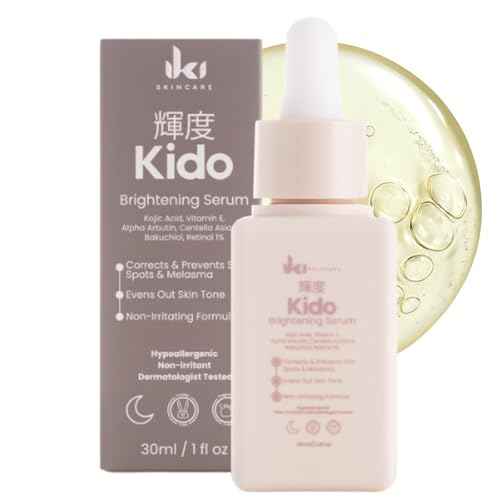 KIDO Brightening Serum - Reduces Dark Spots, Evens Skin Tone, Hydrates Deeply, Non-Irritating Formula, Kojic Acid, Alpha Arbutin, Retinol Serum for Face, Centella Asiatica, & Vitamin E