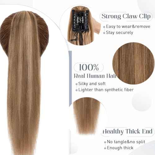 Rich Choices Claw Clip Ponytail Extension Human Hair #4P27 Medium Brown Highlighted Dark Blonde Real Hair Ponytail Balayage 18 Inch Clip In Long Ponytail Hair Extension For Women 110g One Piece