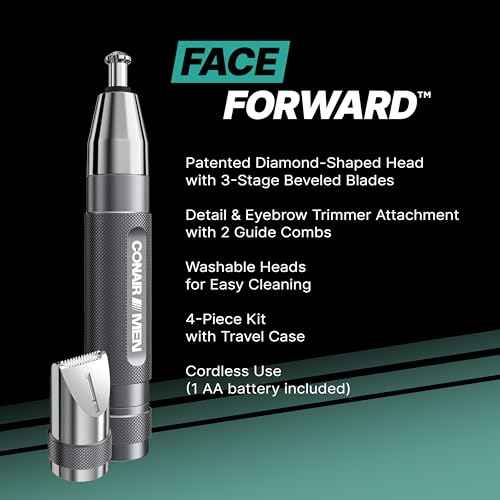 Conair Men Ear, Nose and Eyebrow Trimmer, Patented 360¡Æ Bevel Blade for No Pulls, Nicks or Cuts Guaranteed, Nose Hair Trimmer for Men, Non-Slip Grip, 5-Piece Kit with Travel Case