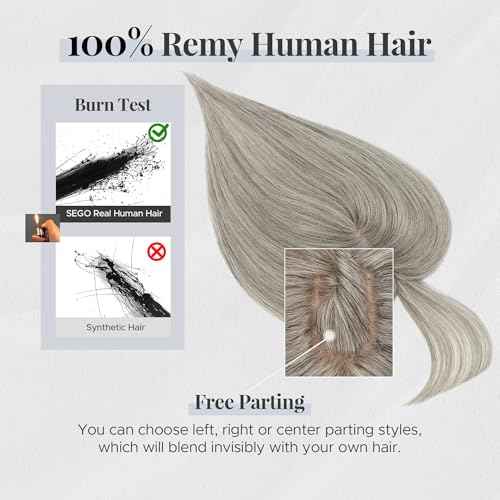 Human Hair Topper for Women, with Silk Base 3.94x4.72, 12 Inches, 4 Clips, for Thinning Hair, with Front Bangs, Salt and Pepper Color, Natural Look