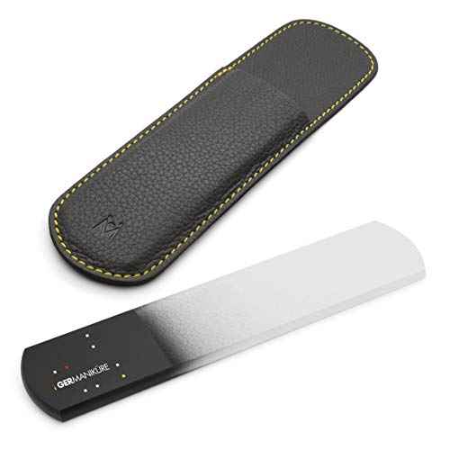 GERMANIKURE Black Glass Nail File & Pedicure Bar Set in Leather Sleeves - Ethically Made in Czech Republic - Professional Manicure & Pedicure Kit for Fingernail Care, Foot Callous & Dry Skin Removal