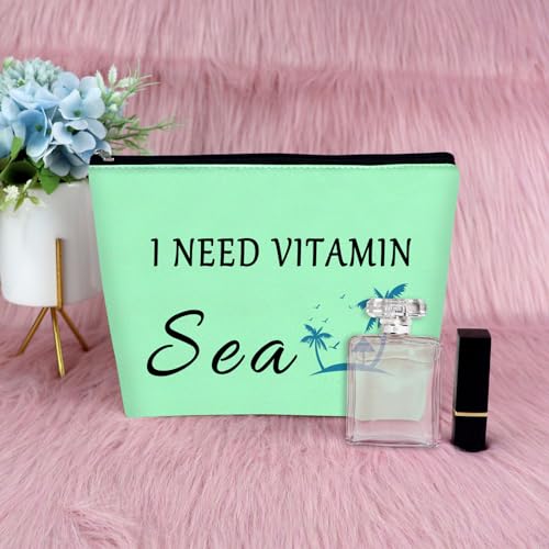 2Pcs Beach Lovers Gift Makeup Bag Funny Sea Lovers Gifts for Women Beach Themed Gifts for Women Besties Weekend Gift Vacation Travel Gift for Girls Teen Birthday Graduation Gift Beach Bag(Green,Beige)